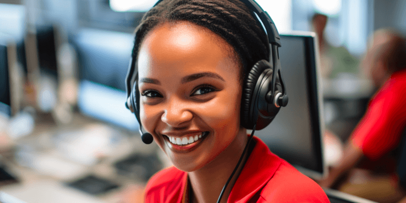 An image showing a lady with head phones taking a call