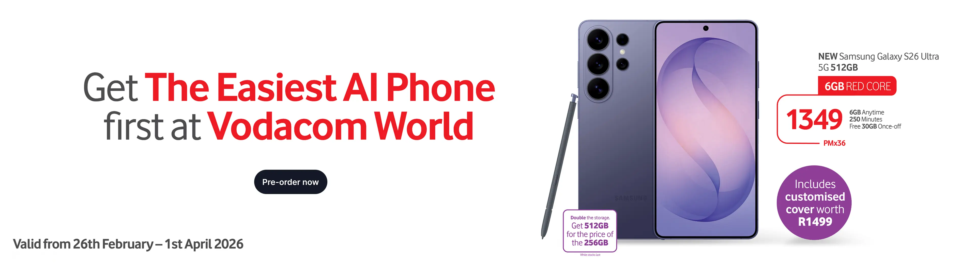 A promotional banner for the Samsung Galaxy S26 Ultra at Vodacom World.  The image features a sleek, titanium-violet-colored smartphone with its matching stylus (S Pen) positioned to the left. The phone's screen displays a soft, abstract purple and pink wallpaper.