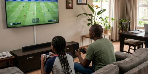 A man and a young girl sitting on a couch, playing a soccer video game together in a living room.
