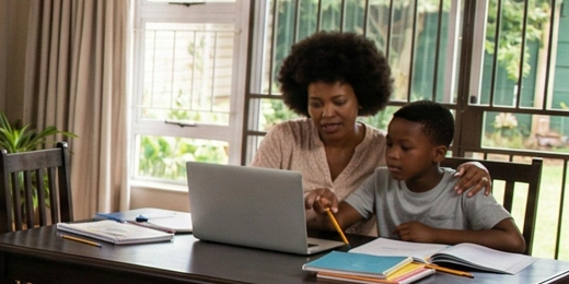 A woman and a young boy sitting at a dining table, looking at a laptop together during a home study session.