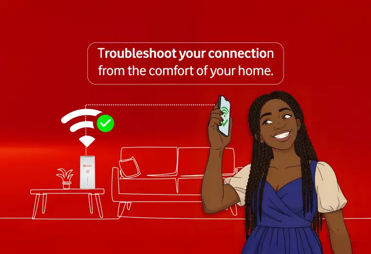 Intro graphic for Vodacom Home Internet troubleshooting featuring a white Huawei-style router, a SIM card, and a 'Home Internet' logo against a blue and red branded background.