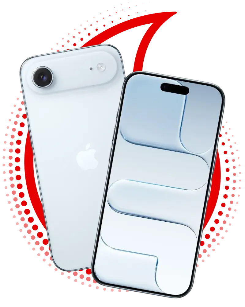 Front and back view of two white iPhones positioned over a red circular logo with a dotted pattern.