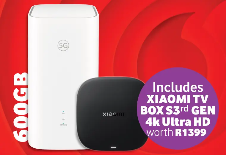 Promotional banner for a 600GB 5G home internet deal including a white 5G router and a black Xiaomi TV Box S 2nd Gen 4K Ultra HD worth R1399.
