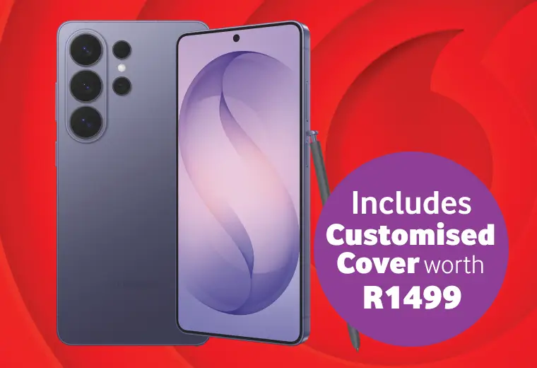 Promotional banner for a Samsung Galaxy S24 Ultra deal including a S Pen and a customized cover worth R1499.