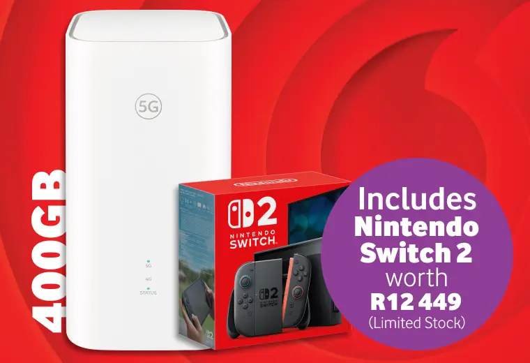 Promotional banner for a 400GB 5G home internet deal including a white 5G router and a Nintendo Switch 2 worth R12 449, while stocks last.