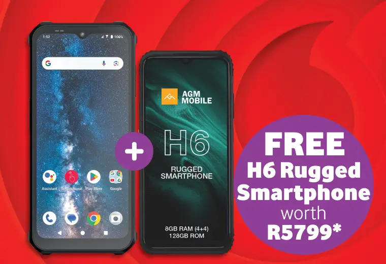 Promotional banner for a mobile deal featuring a free AGM H6 Rugged Smartphone worth R5799 with 8GB RAM and 128GB ROM.