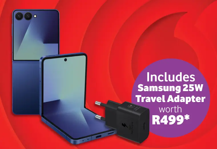 Promotional banner for a Samsung Galaxy Z Flip deal including a Samsung 25W Travel Adapter worth R499.