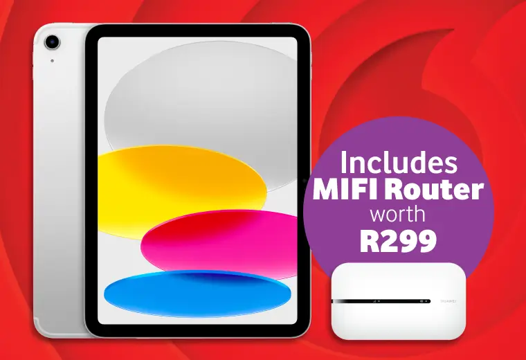 Promotional banner for an iPad deal including a white Huawei MIFI Router worth R299.