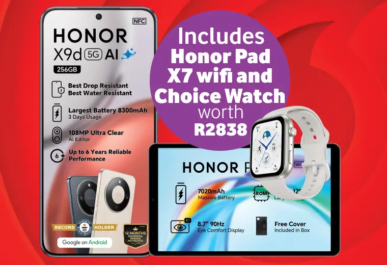 Promotional banner for the Honor X9d 5G AI smartphone with 256GB storage and 108MP camera, including a free Honor Pad X7 wifi and Choice Watch worth R2838.