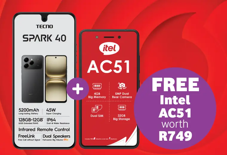 Promotional banner for the TECNO SPARK 40 featuring a 5200mAh battery and 128GB storage, including a free itel AC51 smartphone worth R749.