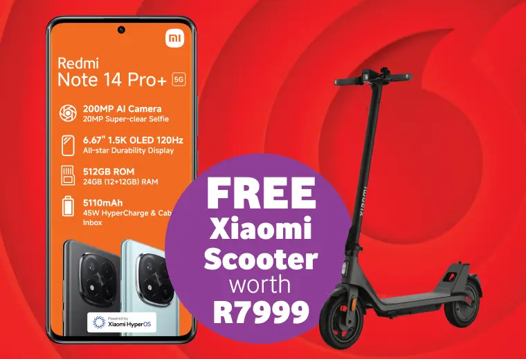 Promotional banner for the Redmi Note 14 Pro+ 5G featuring a 200MP AI camera and 512GB ROM, including a free Xiaomi Scooter worth R7999.