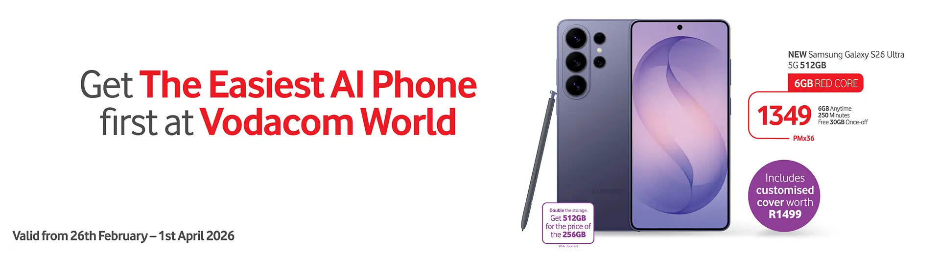 A promotional banner for the Samsung Galaxy S26 Ultra at Vodacom World.  The image features a sleek, titanium-violet-colored smartphone with its matching stylus (S Pen) positioned to the left. The phone's screen displays a soft, abstract purple and pink wallpaper.