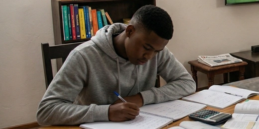 A student sitting at a desk doing his homework