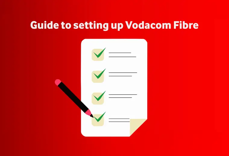 Illustration of a checklist on a red background with a pencil marking a task, titled "Guide to setting up Vodacom Fibre."