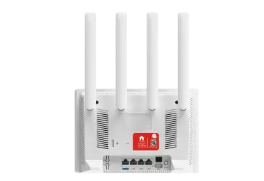 the rear view of the white Vodacom Home Internet S90 router, showing the hardware interface and ports. The back includes four white external antennas and a central red sticker with a QR code. Along the bottom, there is a blue WAN port, three yellow LAN ports, a power input jack, a WPS button, and a power toggle switch. Two sets of ventilation grilles are located on either side of the central panel.