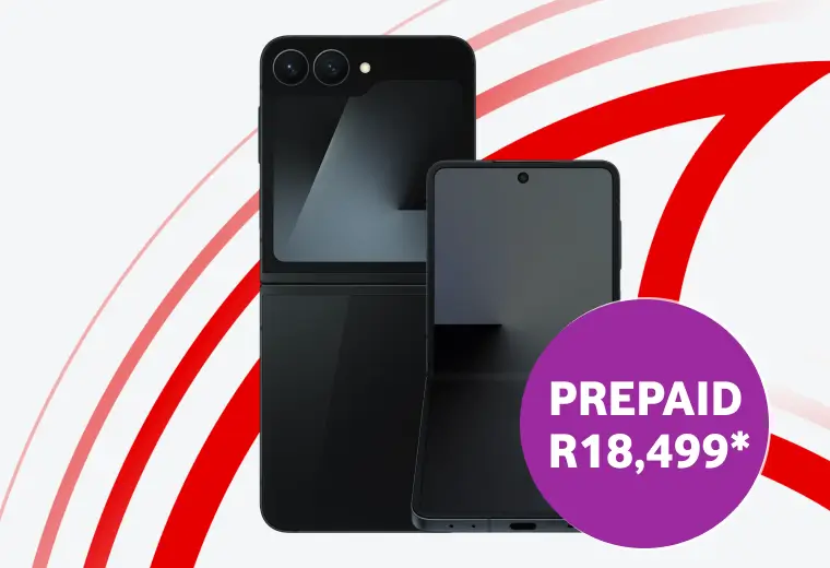A promotional banner for a black foldable smartphone, shown both closed and partially unfolded. A purple circular badge in the foreground displays the text "PREPAID R18,499*.