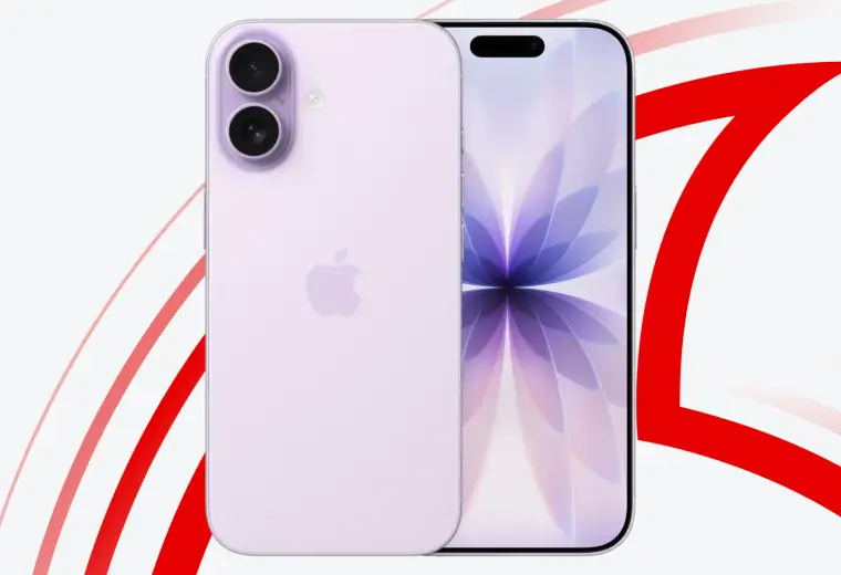 A promotional banner featuring a light purple iPhone, displaying both the back with its dual-camera system and the front screen with a floral-inspired wallpaper.