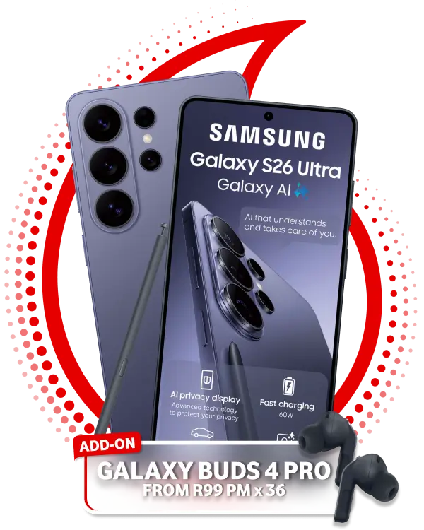  Gemini said An advertisement for the Samsung Galaxy S26 Ultra featuring a purple smartphone with a built-in stylus and a pair of black Galaxy Buds 4 Pro. 