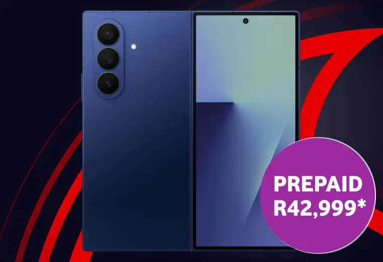 A promotional banner for a dark blue smartphone, showing both the rear with its vertical triple-camera system and the front display. A purple circular badge in the lower right corner highlights the text "PREPAID R42,999*.