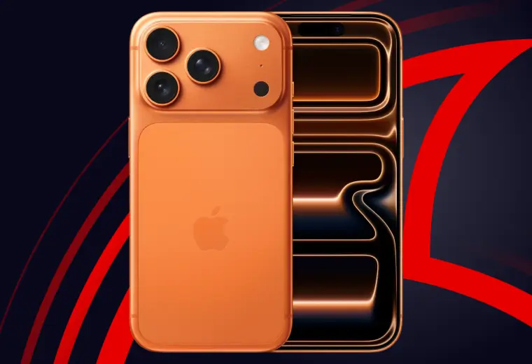  Gemini said A promotional banner featuring an orange iPhone, showcasing the back with its triple-camera system and Apple logo, alongside the front screen which displays a metallic, liquid-like abstract wallpaper.