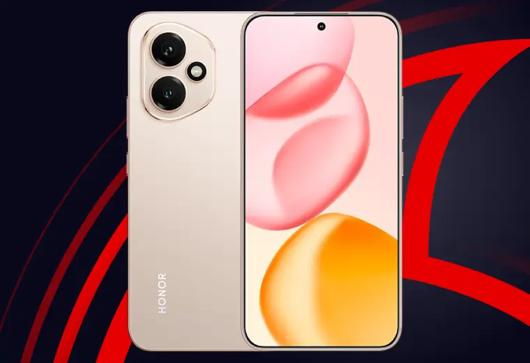 Gemini said A promotional banner featuring a cream-colored Honor smartphone, showing the back with its dual-camera system and "HONOR" branding, alongside the front screen with a colorful abstract bubble wallpaper. 