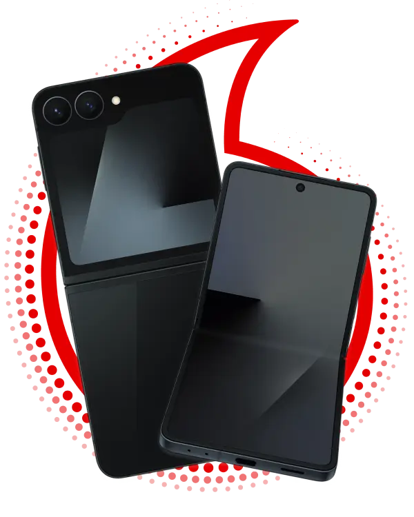A promotional banner for a black foldable smartphone, displaying the device in two positions: fully closed, showing the external cover screen and dual-camera system, and partially unfolded to reveal the main inner display.