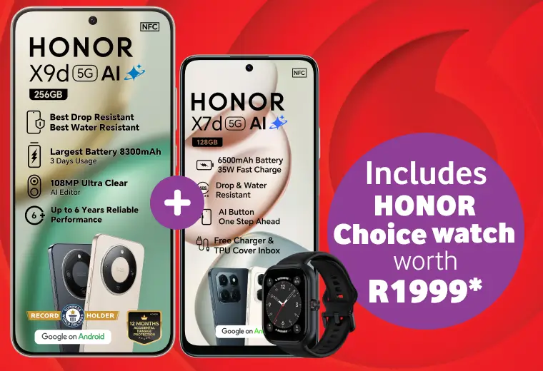 A promotional graphic on a red background featuring the HONOR X9d 5G AI (256GB) and HONOR X7d 5G AI (128GB) smartphones. Key features highlighted for the X9d include a 108MP Ultra Clear camera and an 8300mAh battery, while the X7d features a 6500mAh battery and drop resistance. A large purple circular badge on the right side announces that the deal "Includes HONOR Choice watch worth R1999"*, with a black smartwatch pictured below the text. The bottom of the image includes the "Google on Android" logo and a 12-month accidental damage protection badge.