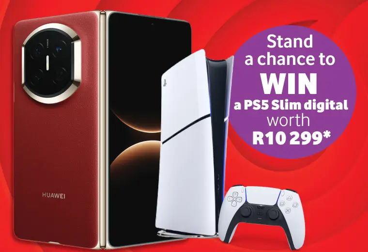 A promotional banner on a red background featuring a red Huawei Mate X3 foldable smartphone shown from the back and front. To the right of the phone is a PlayStation 5 Slim Digital Edition console and a white DualSense controller. A prominent purple circular badge on the right side reads, "Stand a chance to WIN a PS5 Slim digital worth R10 299"*.