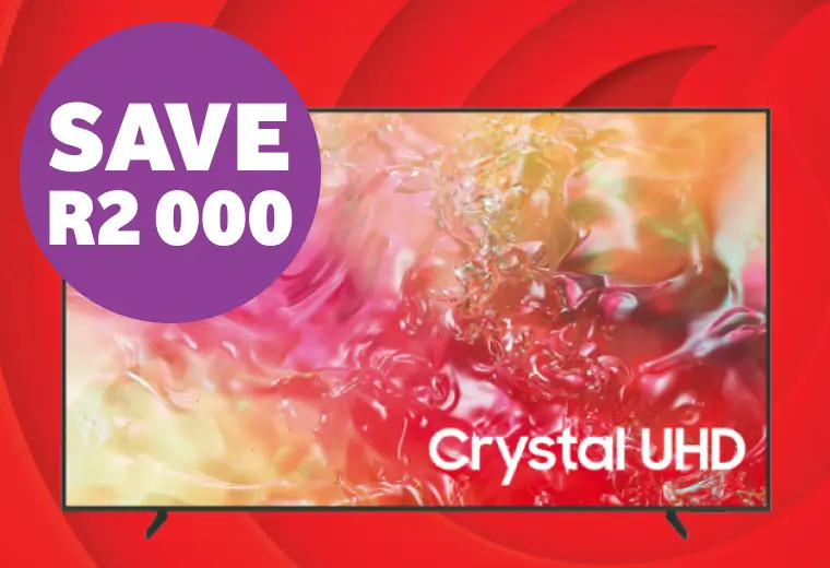  Gemini said A promotional graphic on a red background featuring a Samsung Crystal UHD television displaying a vibrant pink and orange liquid-like abstract pattern. A large purple circular badge in the top left corner reads "SAVE R2 000" in bold white text. 