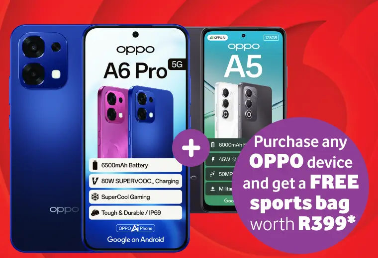 A promotional graphic on a red background featuring the OPPO A6 Pro 5G and OPPO A5 smartphones. The A6 Pro 5G is shown in a vibrant blue, with highlights including an 80W SUPERVOOC Charging system and a 6500mAh battery. A large purple circular badge on the right side announces, "Purchase any OPPO device and get a FREE sports bag worth R399"*. The "Google on Android" and "OPPO AI Phone" logos are visible at the bottom.