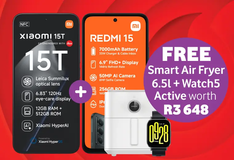 A promotional graphic on a red background featuring the Xiaomi 15T and Redmi 15 smartphones. The Xiaomi 15T highlights include a Leica Summilux optical lens, a 6.83" 120Hz eye-care display, and 12GB RAM. The Redmi 15 features a 7000mAh battery, a 6.9" FHD+ display, and a 50MP AI Camera. A large purple circular badge on the right side announces a "FREE Smart Air Fryer 6.5l + Watch5 Active worth R3 648" bundle offer, with both the white air fryer and black smartwatch pictured at the bottom.