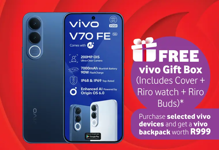 promotional graphic on a red background featuring the vivo V70 FE 5G smartphone in blue. Key specifications highlighted on the screen include a 200MP OIS Ultra-Clear Camera, a 7000mAh BlueVolt Battery with 90W FlashCharge, and an IP68 & IP69 top-rated durability. A large purple circular badge on the right announces a "FREE vivo Gift Box (Includes Cover + Riro watch + Riro Buds)*". Below this, a second offer states that purchasing selected vivo devices includes a vivo backpack worth R999.
