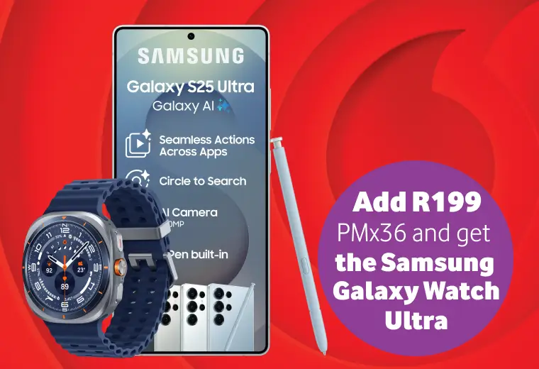 promotional graphic on a red background featuring the Samsung Galaxy S25 Ultra with Galaxy AI and its built-in S Pen. The phone's screen highlights features like "Seamless Actions Across Apps" and "Circle to Search." To the left of the phone is a Samsung Galaxy Watch Ultra with a navy blue rugged strap. A large purple circular badge on the right side reads, "Add R199 PMx36 and get the Samsung Galaxy Watch Ultra."