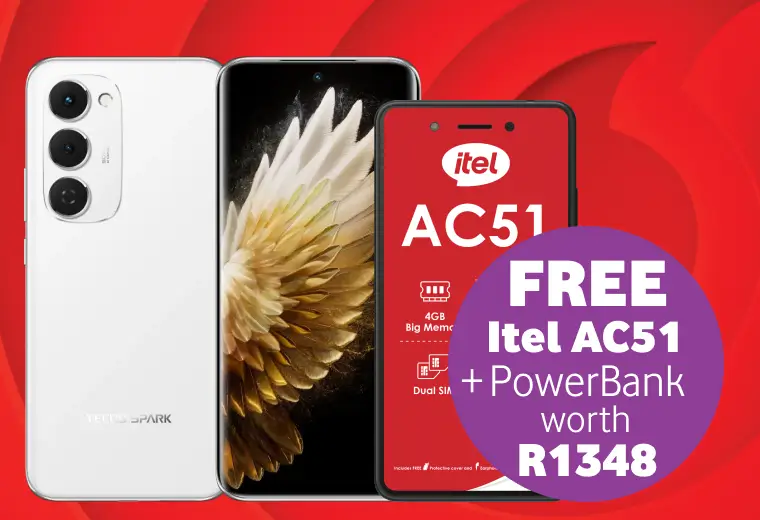 A promotional graphic for a Vodacom deal featuring a white Tecno Spark smartphone. The image shows the front and back of the Tecno Spark alongside an itel AC51 phone. A large purple circular badge on the right announces a "FREE itel AC51 + PowerBank worth R1348" bundle offer.