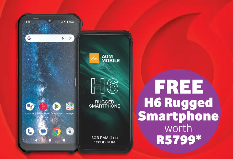 A promotional graphic on a red background featuring two rugged smartphones. On the left is a device with a starry night wallpaper, and next to it is the AGM Mobile H6 Rugged Smartphone, highlighting 8GB RAM (4+4) and 128GB ROM. A large purple circular badge on the right announces a "FREE H6 Rugged Smartphone worth R5799"* offer.