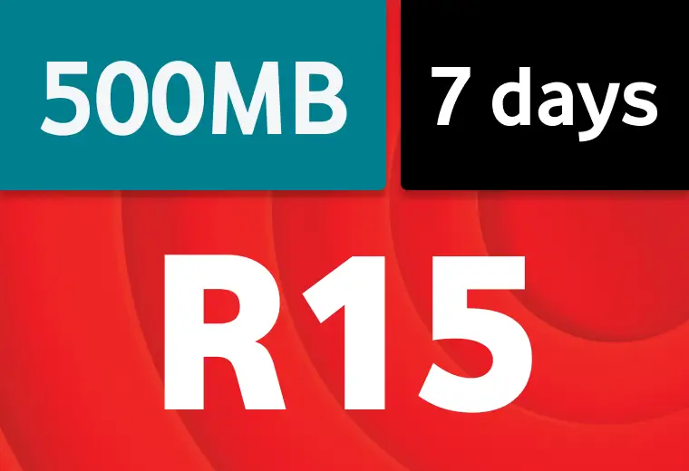 Promotional data bundle banner featuring a red background. The top left teal block displays "500MB", the top right black block displays "7 days", and the center features the price "R15" in large white text.