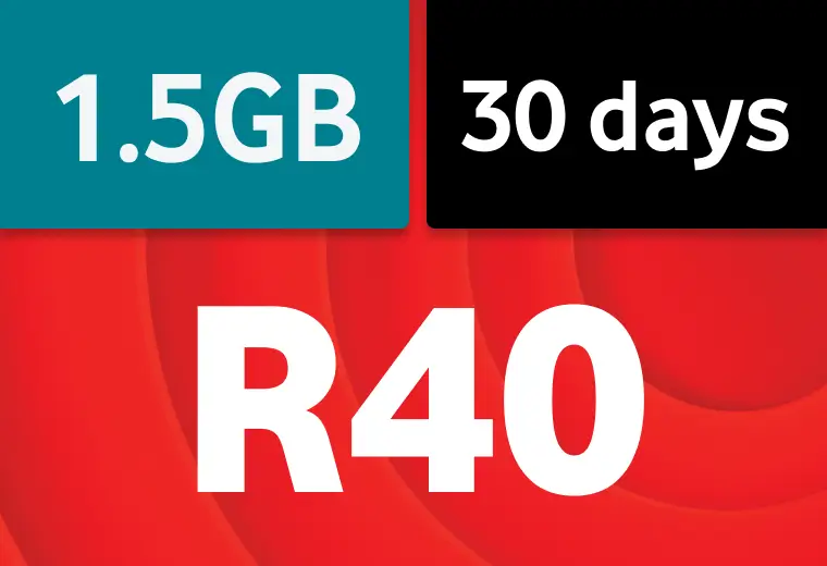 Promotional data bundle banner featuring a red background. The top left teal block displays "1.5GB", the top right black block displays "30 days", and the center features the price "R40" in large white text.