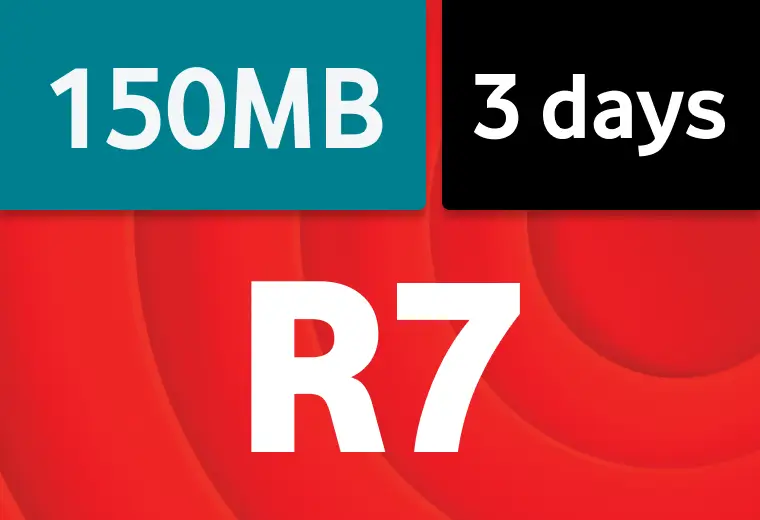 Promotional data bundle banner featuring a red background. The top left teal block displays "150MB", the top right black block displays "3 days", and the center features the price "R7" in large white text.