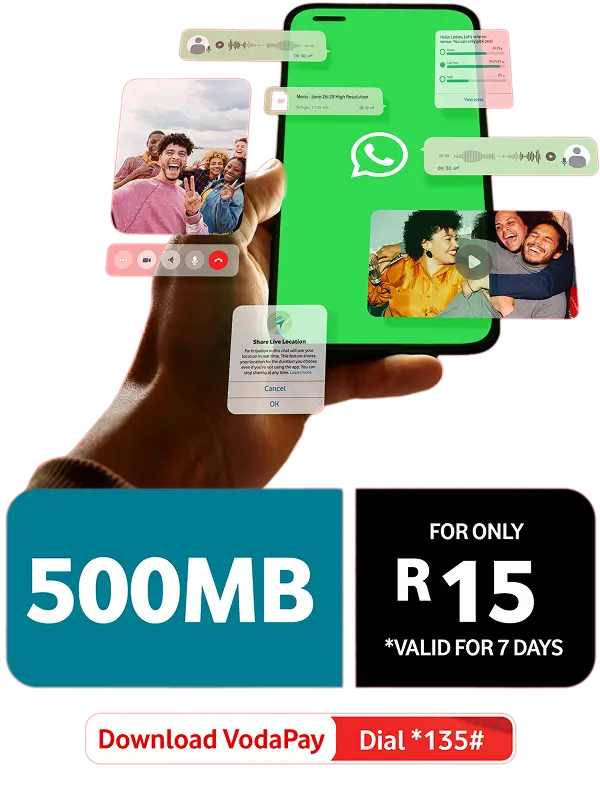 A promotional graphic showcasing a WhatsApp data bundle. The top shows a hand holding a smartphone with a prominent green WhatsApp logo on the screen, surrounded by floating interface elements like voice notes, photos, and live location sharing features. Below the phone, a teal box displays "500MB" and a black box displays "FOR ONLY R15 *VALID FOR 7 DAYS". At the very bottom, call-to-action buttons read "Download VodaPay" and "Dial *135#".