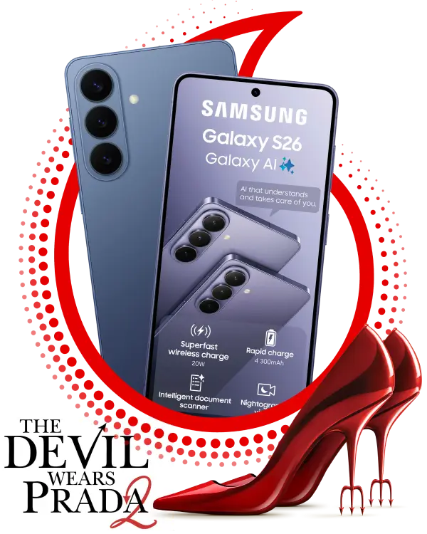 A promotional graphic for the Samsung Galaxy S26 featuring "Galaxy AI." The phone is framed by a red circular dotted pattern and the Vodacom logo. In the foreground, a pair of red high-heeled shoes with pitchfork heels sits next to the title logo for "The Devil Wears Prada 2."