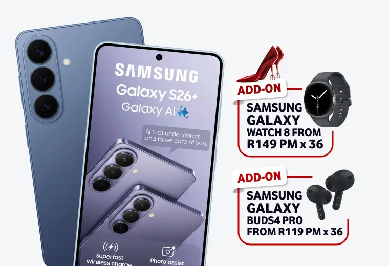 A promotional layout for the Samsung Galaxy S26+ highlighting "Galaxy AI" and "Superfast wireless charge." It features the same add-on deals for the Galaxy Watch 8 and Galaxy Buds4 Pro over a 36-month period.