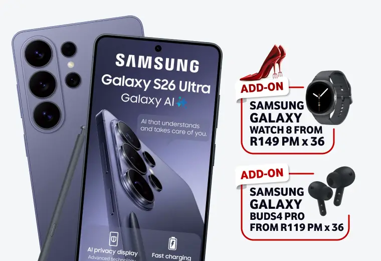 A promotional layout for the Samsung Galaxy S26 Ultra featuring the S-Pen and "AI privacy display." It includes the 36-month add-on offers for the Galaxy Watch 8 and Buds4 Pro.