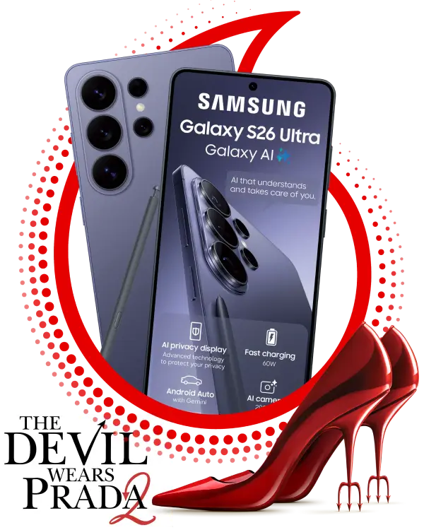 promotional graphic for the Samsung Galaxy S26 Ultra with an S-Pen and "Galaxy AI" features. The design includes a red dotted circular frame, the Vodacom logo, and red high-heeled shoes with pitchfork heels alongside "The Devil Wears Prada 2" movie logo.