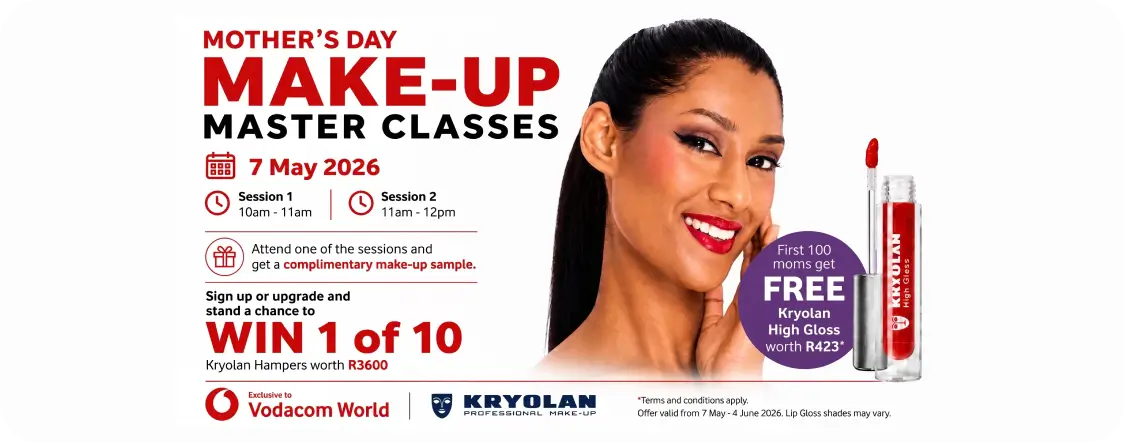 Promotional banner for Mother’s Day Make-up Master Classes at Vodacom World on 7 May 2026. Features a smiling woman with professional makeup, Kryolan High Gloss product, and event details including two sessions (10am and 11am) and a chance to win Kryolan hampers worth R3600.