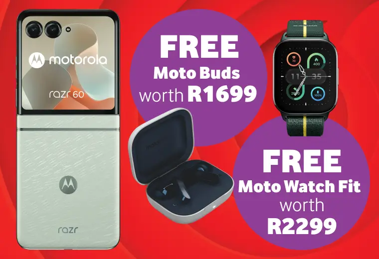 Promotional image for the Motorola razr 60 in sage green, featuring a "Buy One, Get Two Free" offer including Moto Buds worth R1699 and a Moto Watch Fit worth R2299 against a red background.