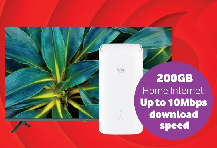 : Vodacom Home Internet promotion showing a white 5G router in front of a flat-screen TV. Text highlights a 200GB data plan with up to 10Mbps download speeds.