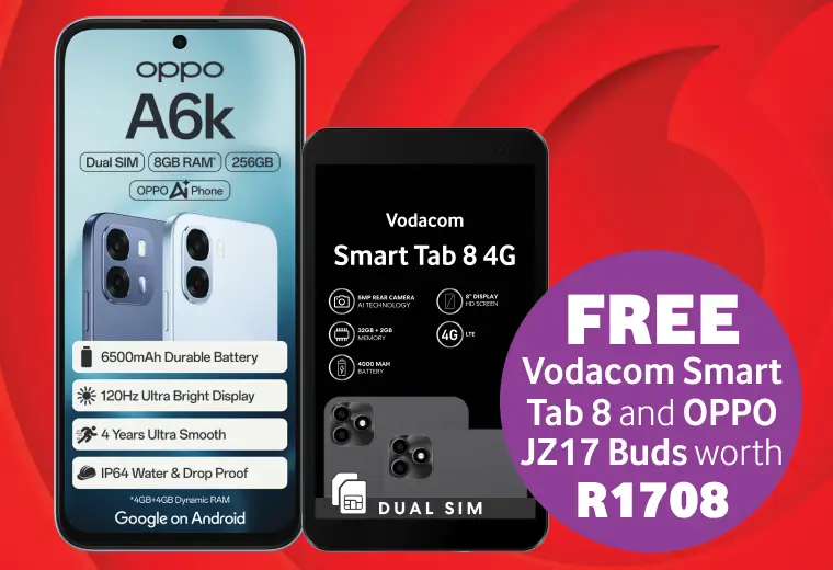 Marketing image for the OPPO A6k smartphone highlighting its 6500mAh battery and 120Hz display. The deal includes a free Vodacom Smart Tab 8 4G and OPPO JZ17 Buds, with a total free gift value of R1708.