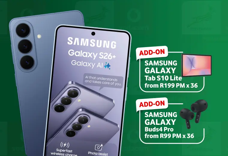 A Samsung and Vodacom promotional graphic with a green background patterned with the Springboks logo. It features the Samsung Galaxy S26+ with "Galaxy AI" text and a "Photo assist" icon displayed on the screen. The right side lists two 36-month add-on deals: the Samsung Galaxy Tab S10 Lite from R199 PM and the Samsung Galaxy Buds 4 Pro from R99 PM.