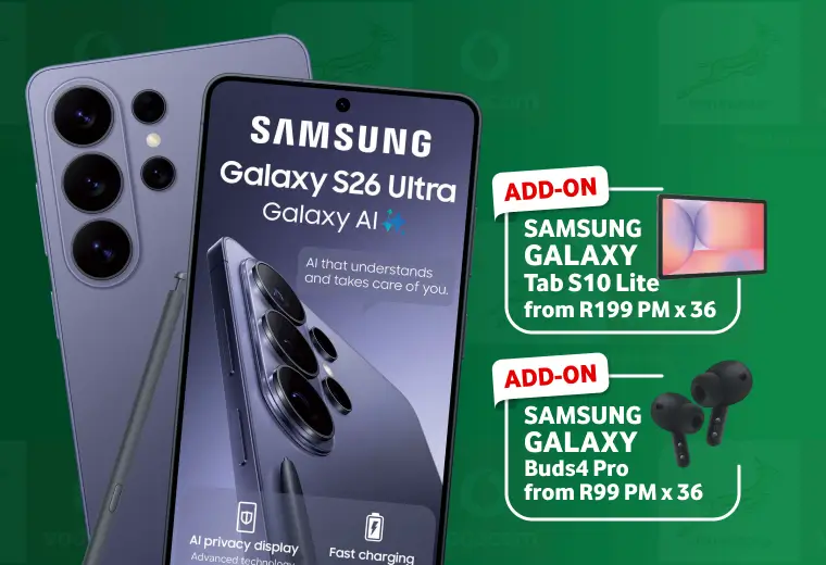 A Samsung and Vodacom promotional graphic featuring a green background patterned with the Springboks logo. It highlights the Samsung Galaxy S26 Ultra in titanium gray with its S Pen stylus. The screen mentions "Galaxy AI" features, including "AI privacy display" and "Fast charging". The right side lists two optional 36-month add-ons: the Samsung Galaxy Tab S10 Lite from R199 PM and the Samsung Galaxy Buds 4 Pro from R99 PM.