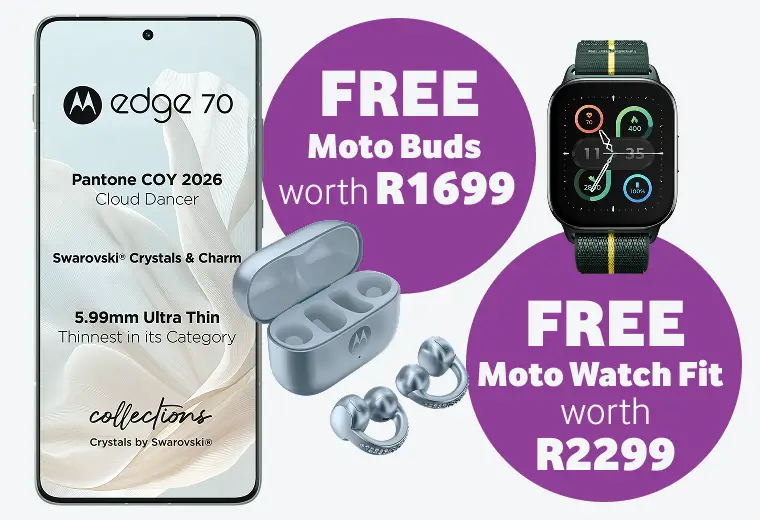 Motorola Edge 70 smartphone promo showcasing features like Swarovski Crystals, Pantone Color of the Year 2026 Cloud Dancer, and an ultra-thin design. Includes free Moto Buds worth R1699 and a free Moto Watch Fit worth R2299.